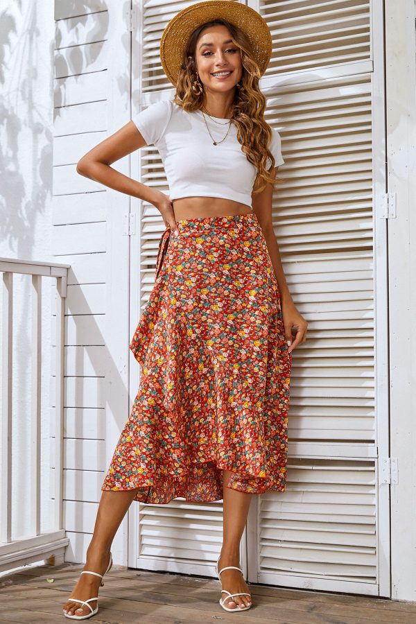 jupe longue fleurie rouge vue de face