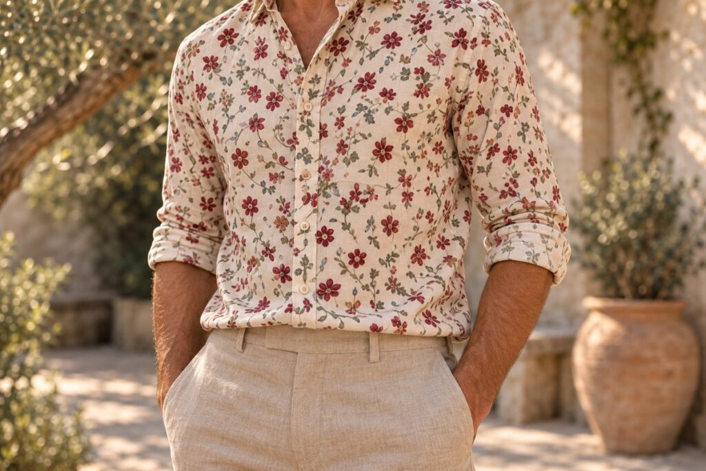 Gros plan d’une chemise écrue à petites fleurs bordeaux, rinceaux olive et touches bleues, avec manches retroussées et boutons visibles