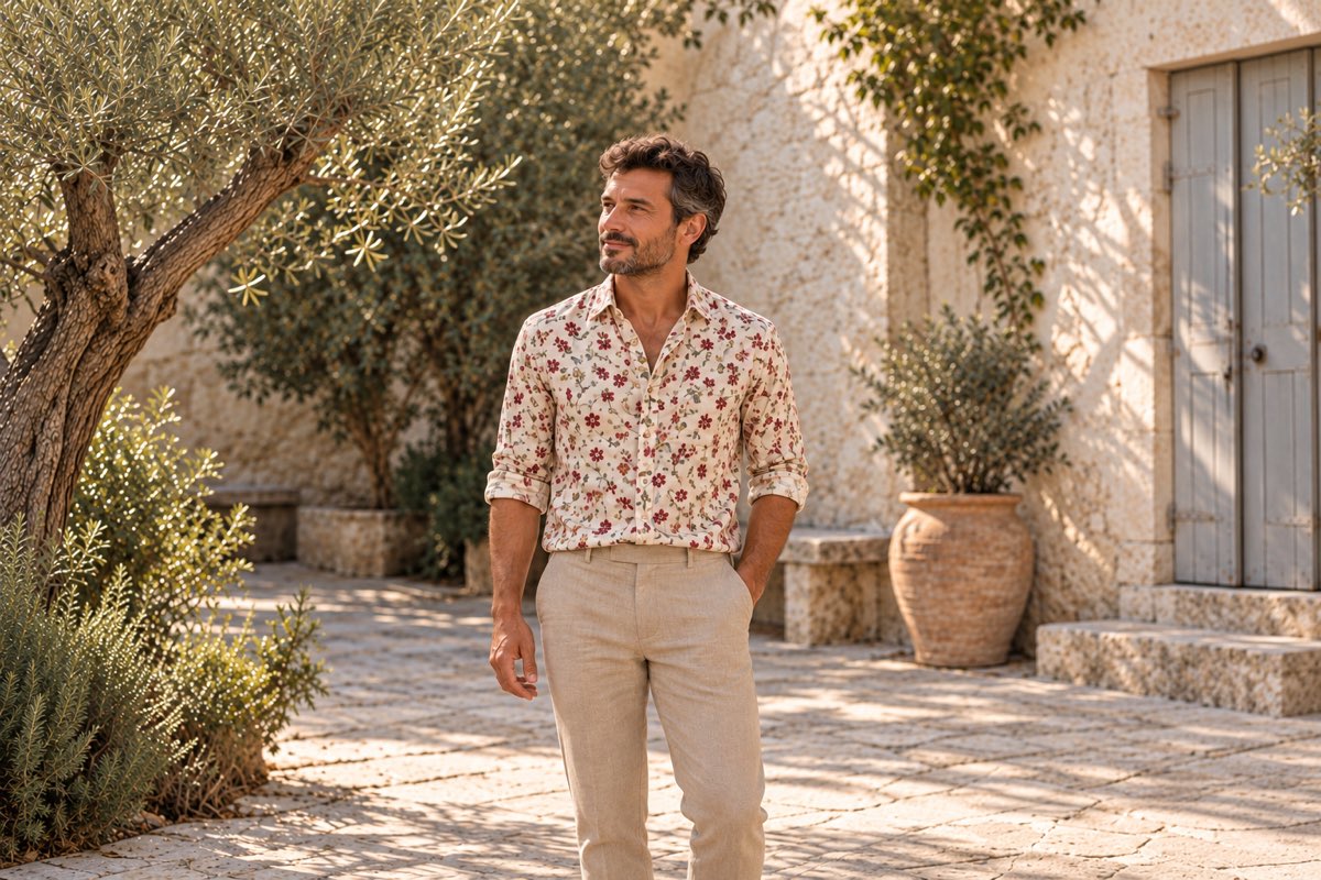 Homme au style bohème chic en chemise à imprimé provençal et pantalon en lin, dans une cour en pierre de provence