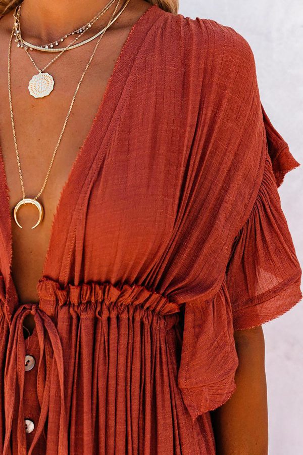 robe boheme longue terracotta vue du col en v