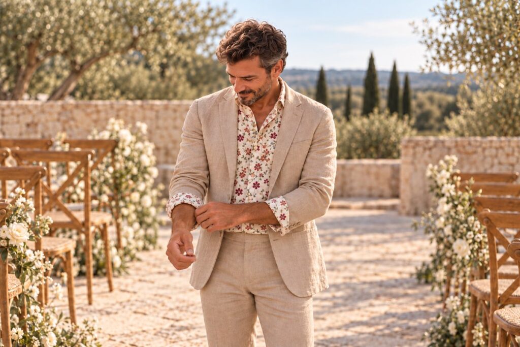 Invité de mariage bohème chic en veste de lin et chemise imprimée, ajustant sa manchette dans une allée de cérémonie